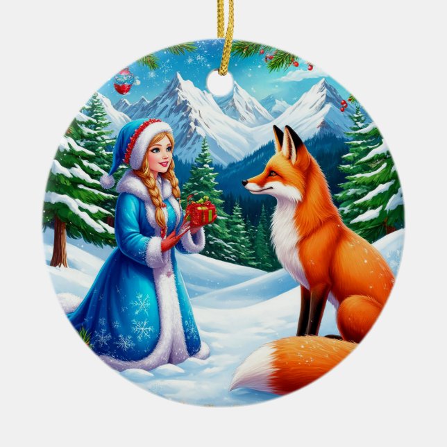 Räv och Snöjungfru i vinterscen från skogsmark Julgransprydnad Keramik (Framsidan)