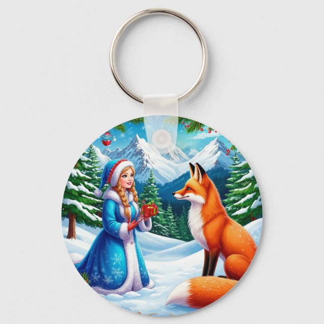 Räv och Snöjungfru i vinterscenen Nyckelring (Framsida)