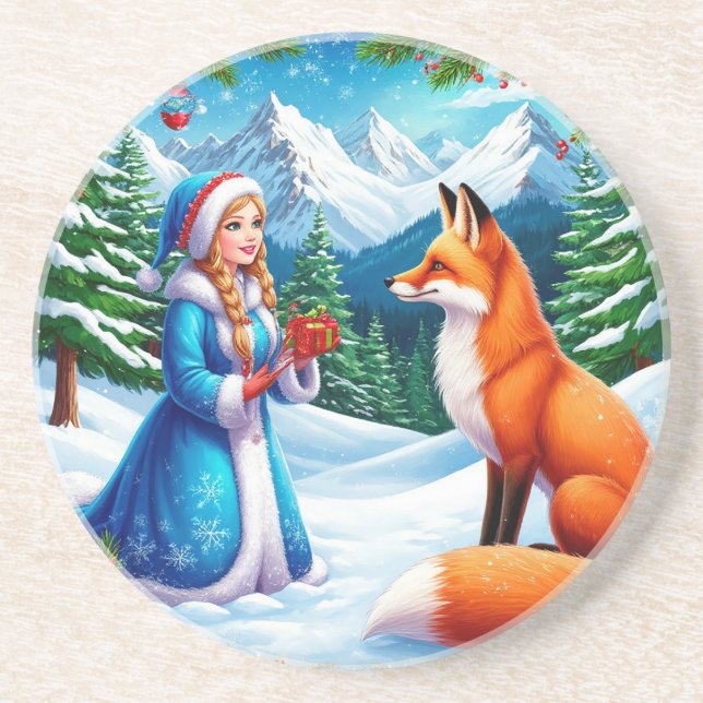 Räv och Snöjungfru i vinterscenen Underlägg (Framsidan)