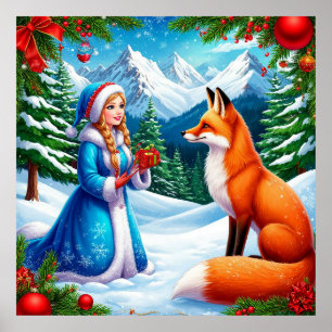 Räv och Snöjungfrun vinterväggdekoration Poster