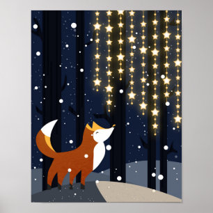 Räv och stjärnljus i den snöiga skogen poster