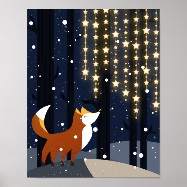 Räv och stjärnljus i den snöiga skogen poster (Framsidan)