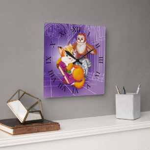 räv och uggla fyrkantig klocka