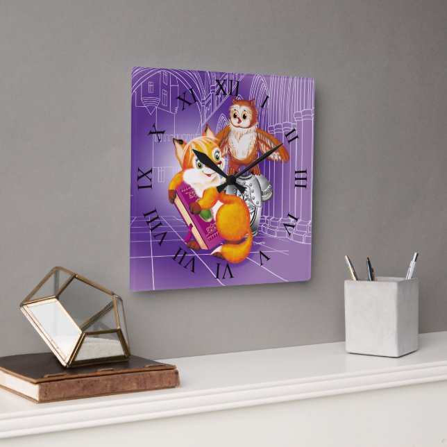 räv och uggla fyrkantig klocka (Kontor)