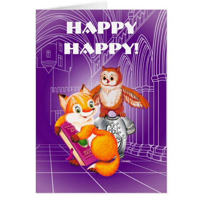 räv och uggla hälsningskort (Framsidan)