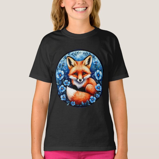 Räv omgiven av blå blommor t shirt (Framsida)