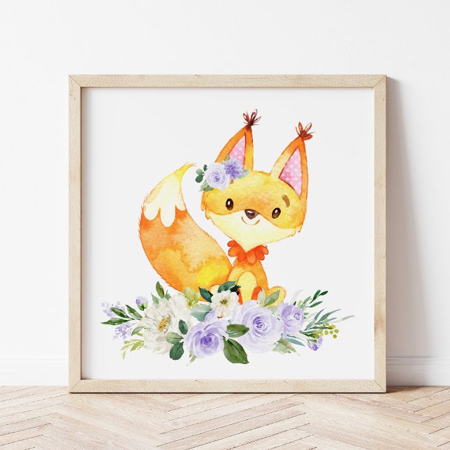 Räv, Skogsdjur, Boho, Lila Blommor Poster (Skapare uppladdad)