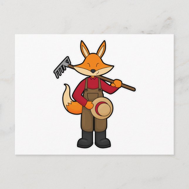 Räv som bonde med kratta & hatt vykort (Framsida)