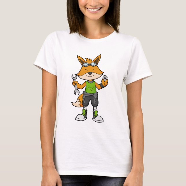 Räv som mekaniker med skiftnyckel & mutter t shirt (Framsida)