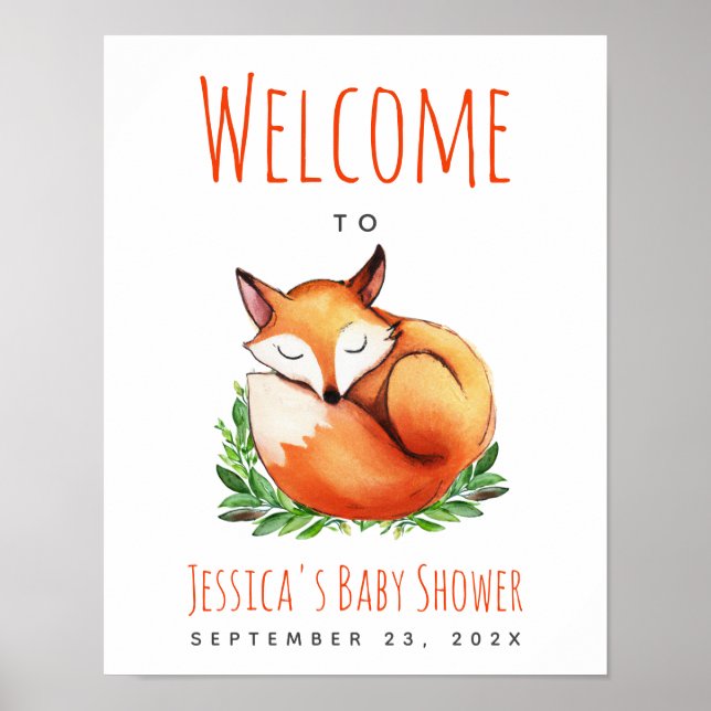Räv Sovande Skogsbarn Babyshower Välkomstskylt Poster (Framsidan)