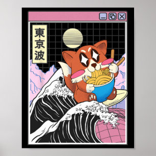 Räv Surfande Kanagawa Våg Kawaii Vaporwave Räv Äte Poster