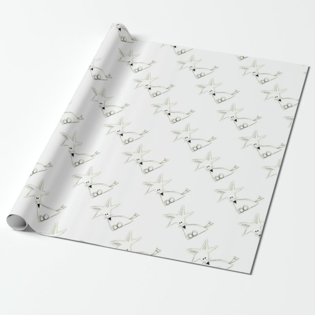 räv teckning svart vit grå enkel barn ritning presentpapper (Utrullad)