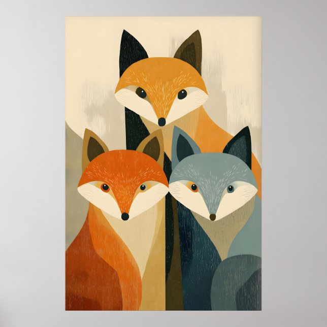 Räv Trio Art Print, Styliserade Ansikten, Orange o Poster (Framsidan)
