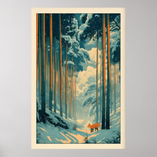 Räv Vägg Art Print Vinter Bambu Skog - Vertikal Poster