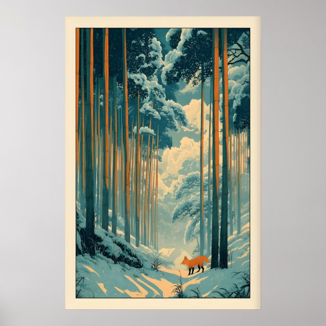 Räv Vägg Art Print Vinter Bambu Skog - Vertikal Poster (Framsidan)