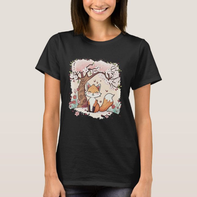 Räv Vaporwave under japansk körsbärsblom Aesthe T Shirt (Framsida)