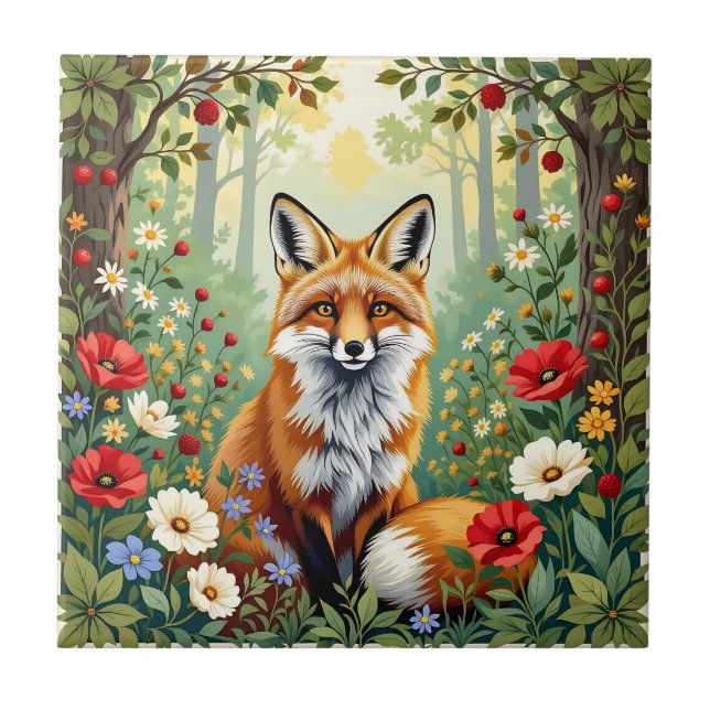 Räv Vildblomma Skogsillustration Kakelplatta (Framsidan)