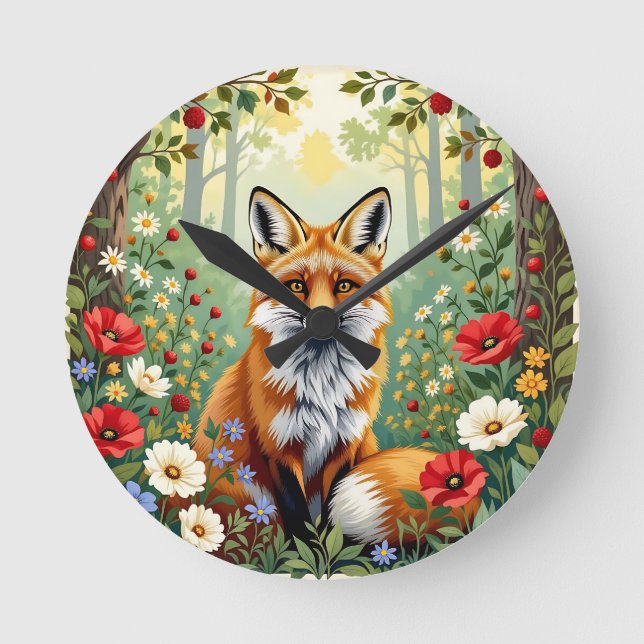 Räv Vildblomma Skogsillustration Rund Klocka (Framsida)