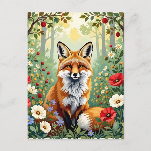 Räv Vildblomma Skogsillustration Vykort (Framsida)