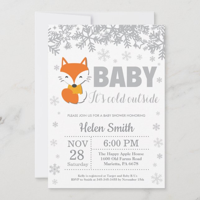 Räv Vinter Baby Shower Snöflinga Inbjudan (Framsida)