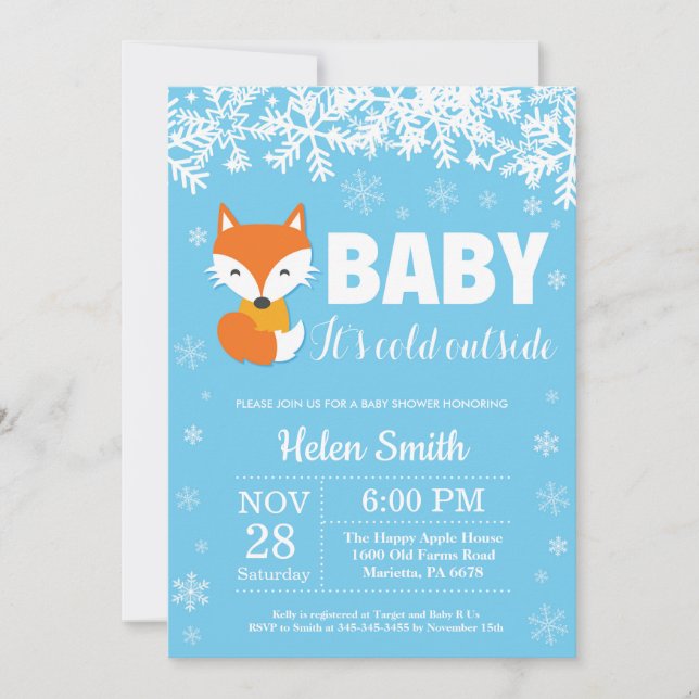 Räv Vinter Blå Pojke Baby Shower Snöflinga Inbjudningar (Framsida)