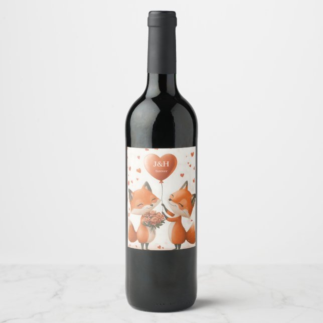 Rävälskande design med anpassningsbara initialer vinflaska etikett (Framsida)