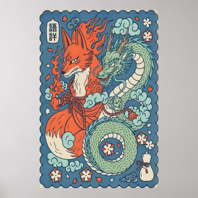 Rävande och draktryck Japansk-inspirerad konst Poster (Framsidan)