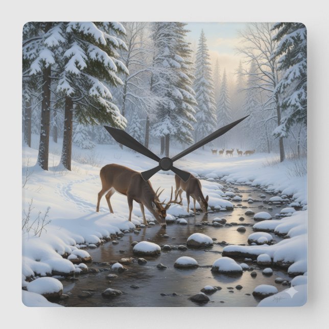 Rävar dricker från en snötäckt bäck -  fyrkantig klocka (Framsida)