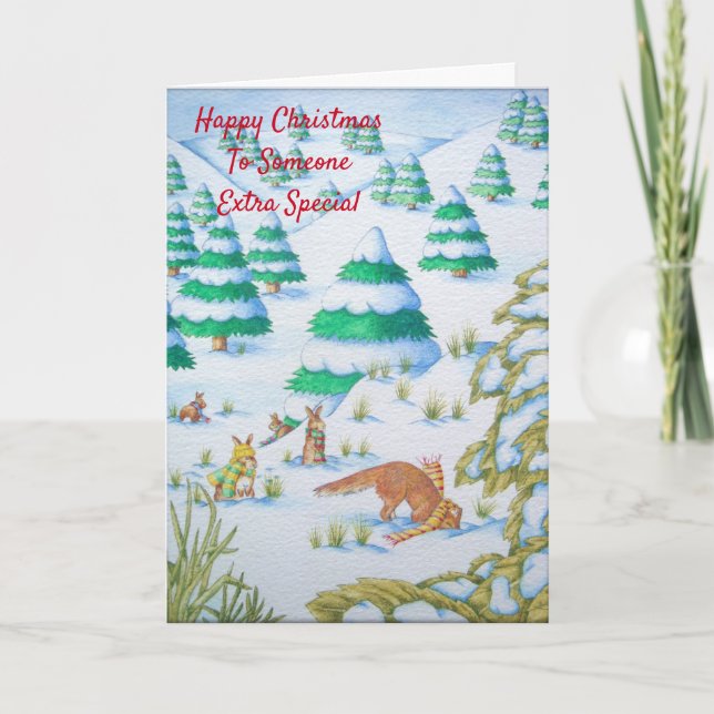 rävar och kaniner som leker i snö-jultoman helgkort (Framsida)