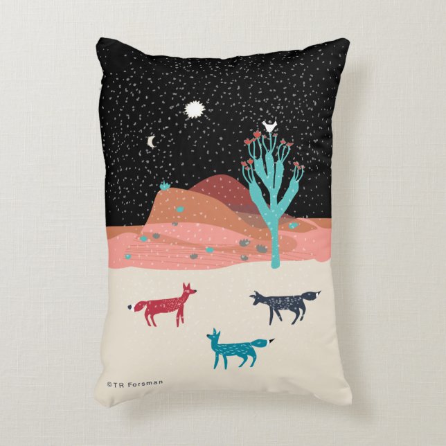 Rävar under stjärnan och månen vid kaktusen i öken prydnadskudde (Framsidan(Vertikal))
