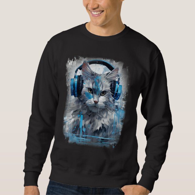 Rave EDM Birman Cat Headphone Lång Ärmad Tröja (Framsida)