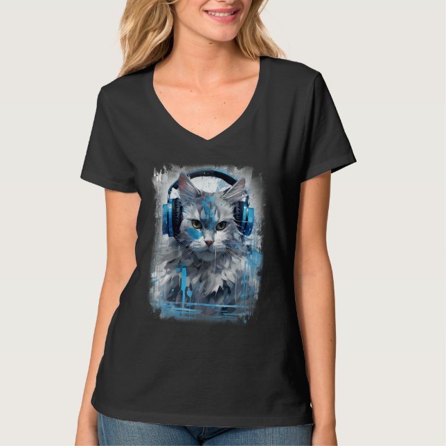 Rave EDM Birman Cat Headphone T Shirt (Framsida)