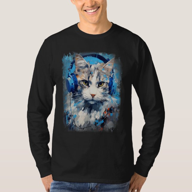 Rave EDM Ragamuffin Cat Headphone T Shirt (Framsida)