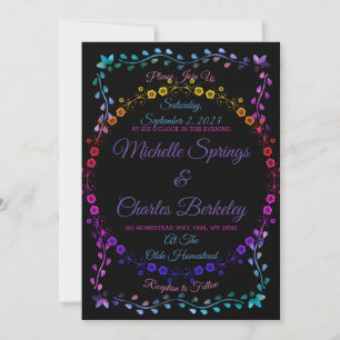 Rave Neon Glow Blommigt Black Wedding-inbjudan