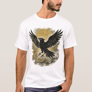【Raven and Golden Moon Japanese Ink Art T-Shirt】 T Shirt