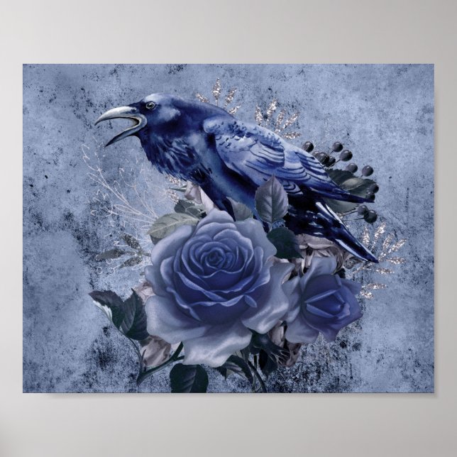 Raven Bird Blue Ro Whimsical Decoupage Skriv ut Poster (Framsidan)