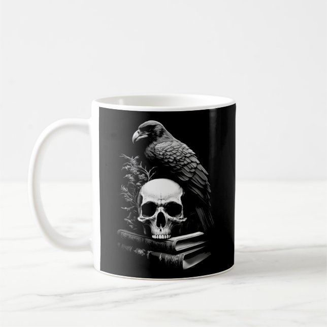 Raven Bird Skull och Bokar Witchy Occult Academia Kaffemugg (Vänster)