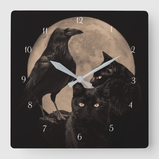 Raven Black Cat Magic Fyrkantig Klocka (Framsida)