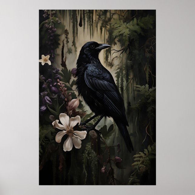 Raven Blommig Skogsutskrift, Mörk Akademisk Gotik Poster (Framsidan)