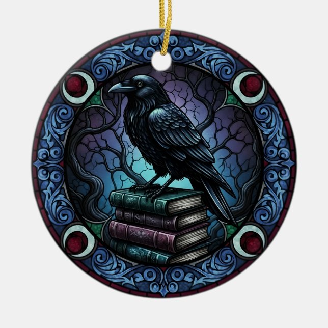 Raven Book Stack Gothic Bookish Julgransprydnad Keramik (Framsidan)