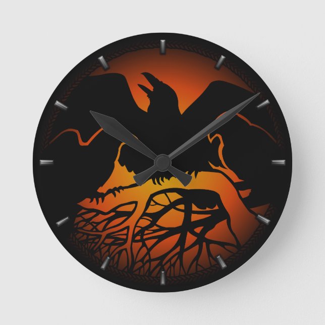 Raven Clock Native Raven Art Wall Clocks och Gips Rund Klocka (Framsida)