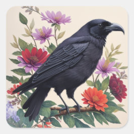 Raven Colorful Flowers Art Fyrkantigt Klistermärke