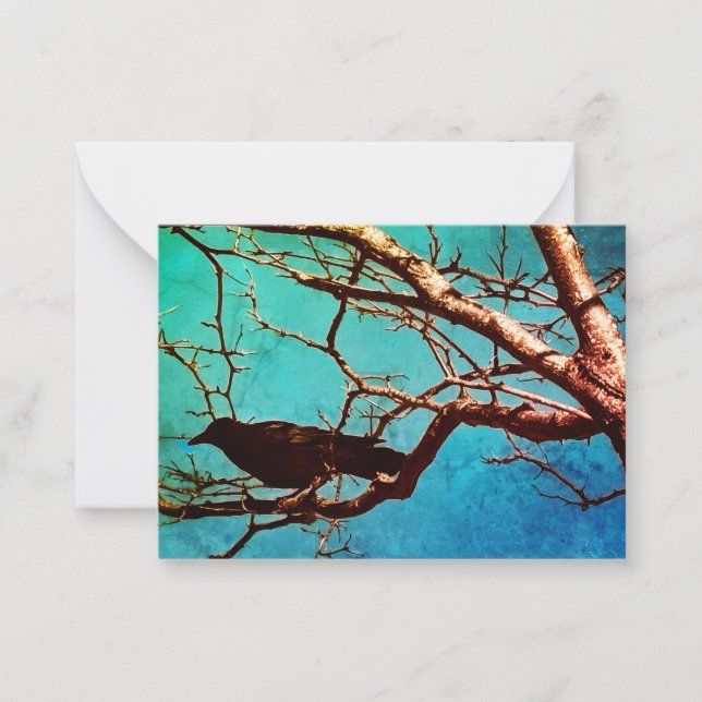 Raven Crow Black Bird Silver Tree Photo Note Card Anteckningskort (Framsida)