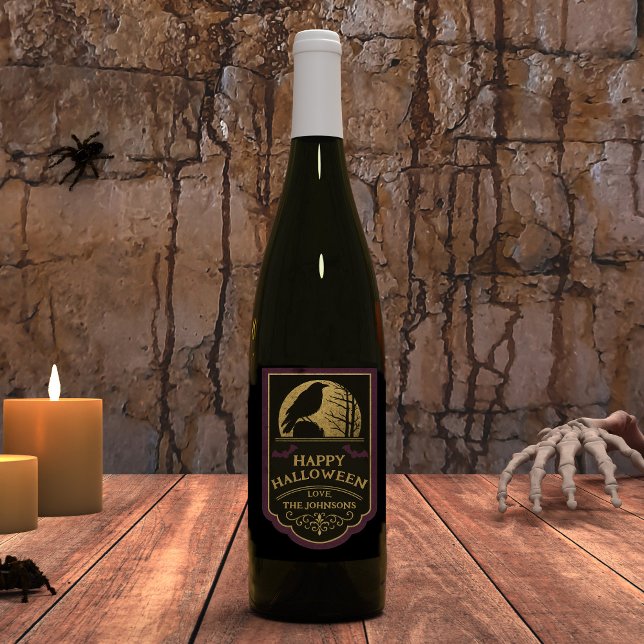 Raven Glad Halloween  Vinflaska Etikett (Happy Halloween Wine Bottle with Custom Name)