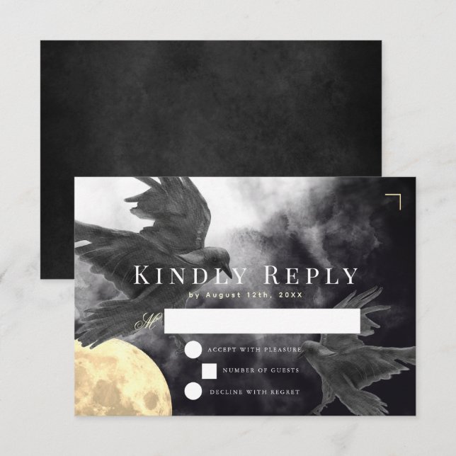 Raven & Golden Måne Gothic Bröllop OSA Kort (Fram/baksida)