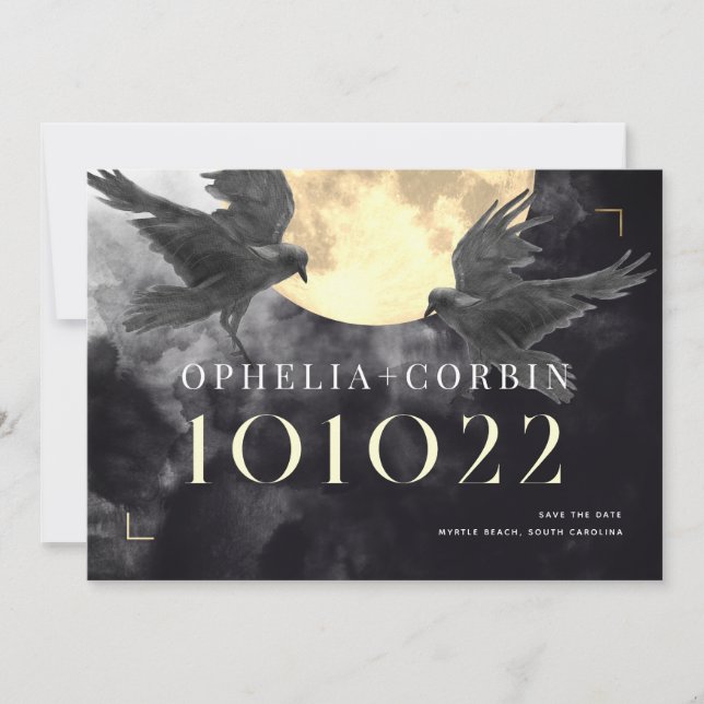Raven & Golden Måne Gothic Bröllop Spara Datumet (Framsida)