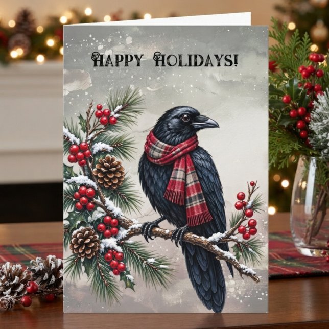 Raven Gothic Plaid Vinter Kort (Scarf-wearing raven holiday greeting card for friends and family.)