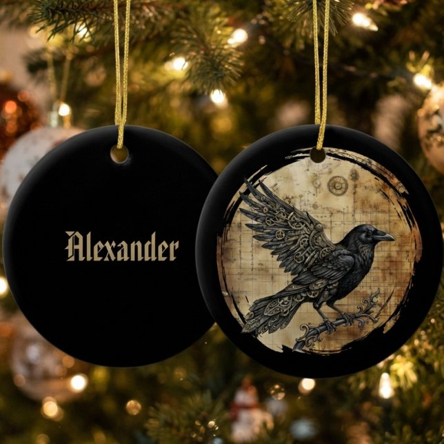 Raven Gotisk Steampunk Konst Julgransprydnad Keramik (Steampunk obsidian raven ceramic ornament for gothic holiday lovers and Halloween tree decor.)