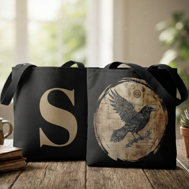 Raven Gotisk Steampunk Konst Tygkasse (Steampunk raven tote bag for book lovers on daily library trips.)