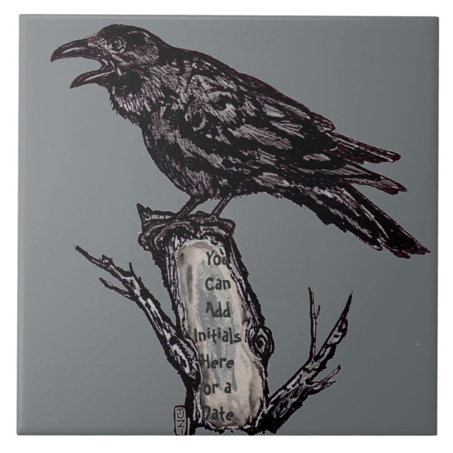 Raven Grått Art Ceramic Tile Trivet Personalize IT Kakelplatta (Framsidan)